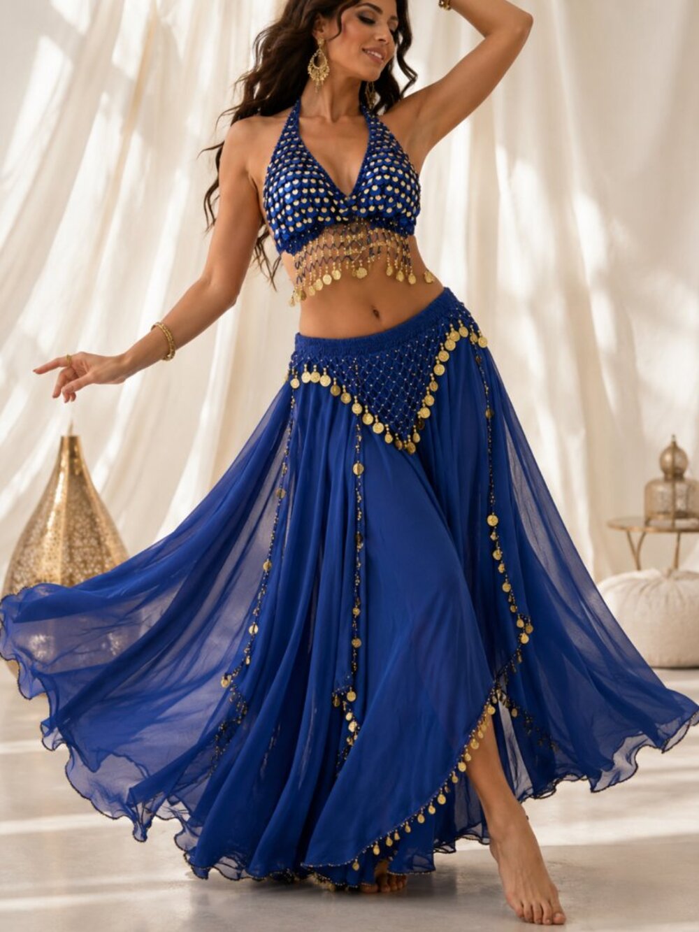 Vintage Royal Blue Coin Sequin Belly Dance Costume 2 Set M Chiffon Festival NWOT